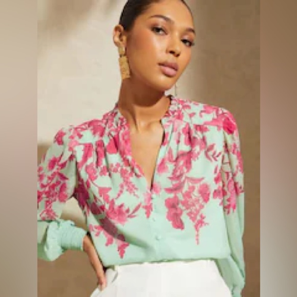 NWT Love& Roses Blue Raspberry Floral Print Puff Long Sleeve V Neck Buttons 12